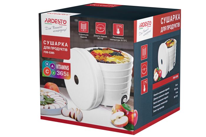 Сушка для продуктов   , 520Вт, поддонов -5x4см, диаметр-38,5см, макс-70°С, рег.темп, пластик, белый ARDESTO FDB-5385