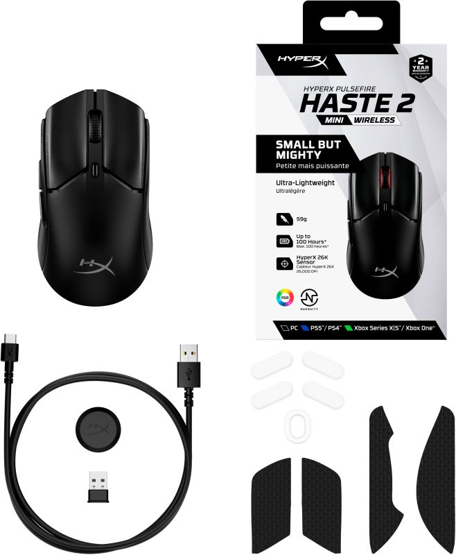HyperX mouse Pulsefire Haste 2 mini, RGB, USB-A/WL/BT, black