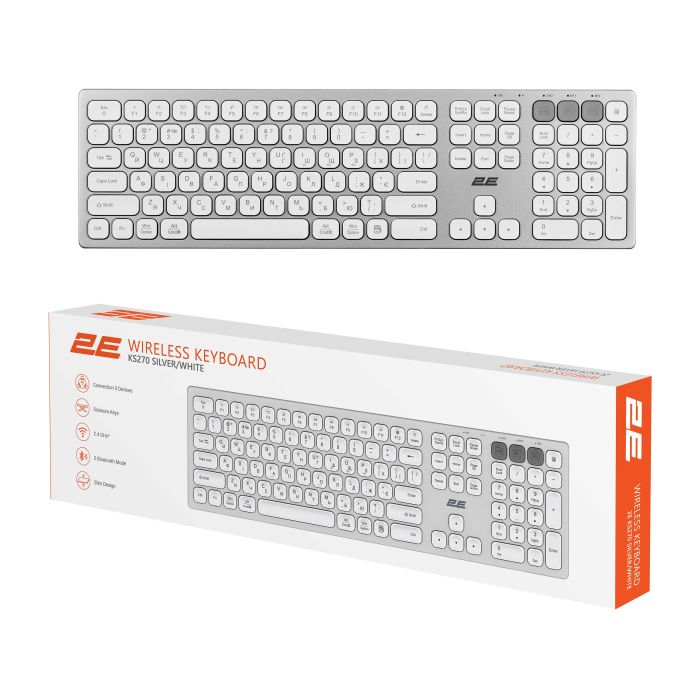 Клавіатура ножнична 2E KS270 109key, WL/BT, EN/UK, сріблясто-білий