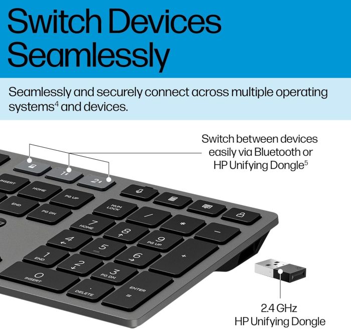 HP Keyboard membrane 720 Multi-Device Rechargeable, 109key, WL/BT, EN/UK, black