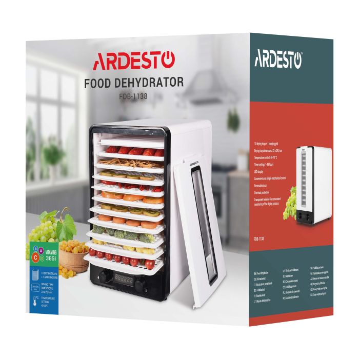 Сушка для продуктов ARDESTO 550Вт, поддонов - 11x3см, макс - 70°С, рег.темп, сетка для ягод, пластик, белый