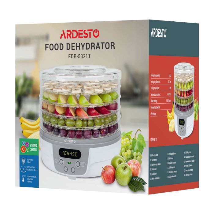 Сушка для продуктов  , 250Вт, поддонов -5x3см, диаметр-32см, макс-70°С, таймер, электр. управление, пластик, белый ARDESTO FDB-5321T