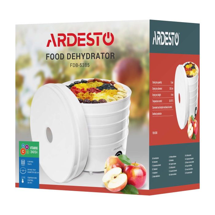 Сушка для продуктов   , 520Вт, поддонов -5x4см, диаметр-38,5см, макс-70°С, рег.темп, пластик, белый ARDESTO FDB-5385