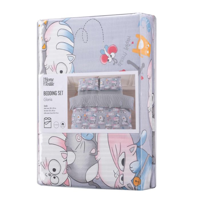 Bedding set ARDESTO 2.0 Gloria, sateen, funny cats, grey, duvet cover 200x220cm, bed sheet 230x240cm, pillowcases (2) 50x70cm, 100% cotton