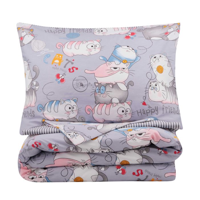 Bedding set ARDESTO 2.0 Gloria, sateen, funny cats, grey, duvet cover 200x220cm, bed sheet 230x240cm, pillowcases (2) 50x70cm, 100% cotton