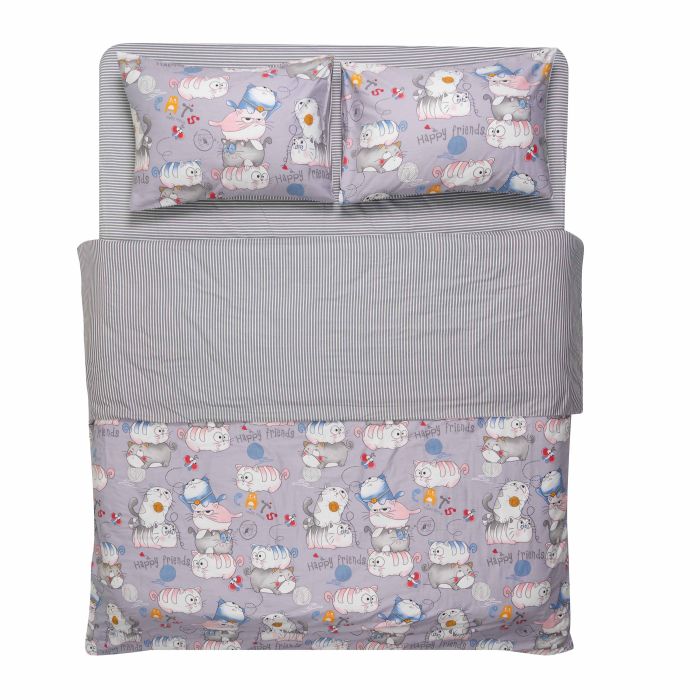 Bedding set ARDESTO 2.0 Gloria, sateen, funny cats, grey, duvet cover 200x220cm, bed sheet 230x240cm, pillowcases (2) 50x70cm, 100% cotton