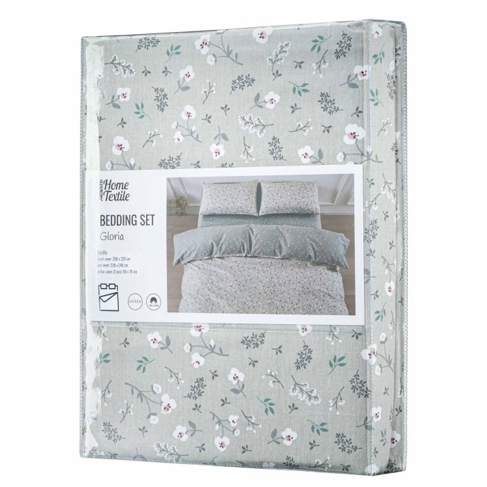 Bedding set ARDESTO 2.0 Gloria, sateen, small flowers, grey, duvet cover 200x220cm, bed sheet 230x240cm, pillowcases (2) 50x70cm, 100% cotton