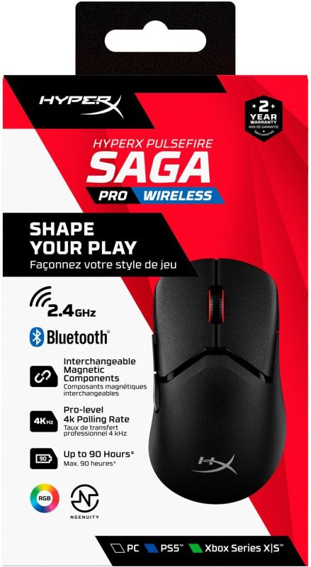 HyperX Pulsefire SAGA PRO, RGB, USB-A/WL/BT, black