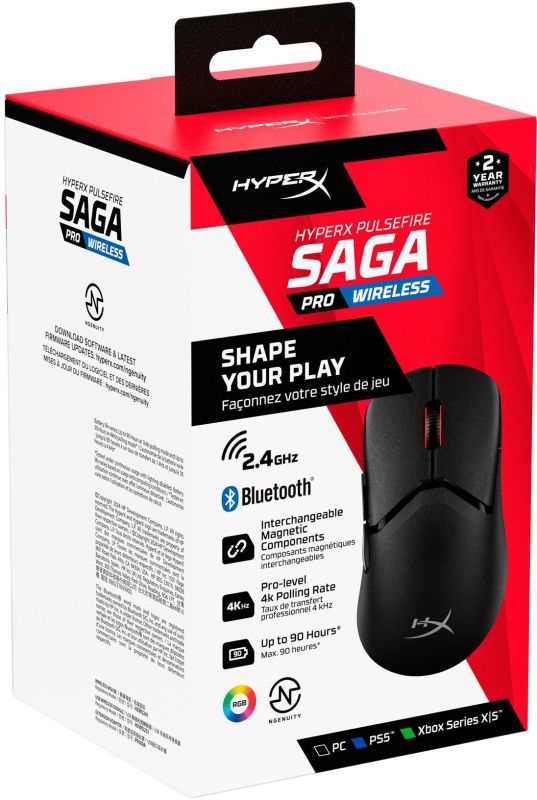 HyperX Pulsefire SAGA PRO, RGB, USB-A/WL/BT, black