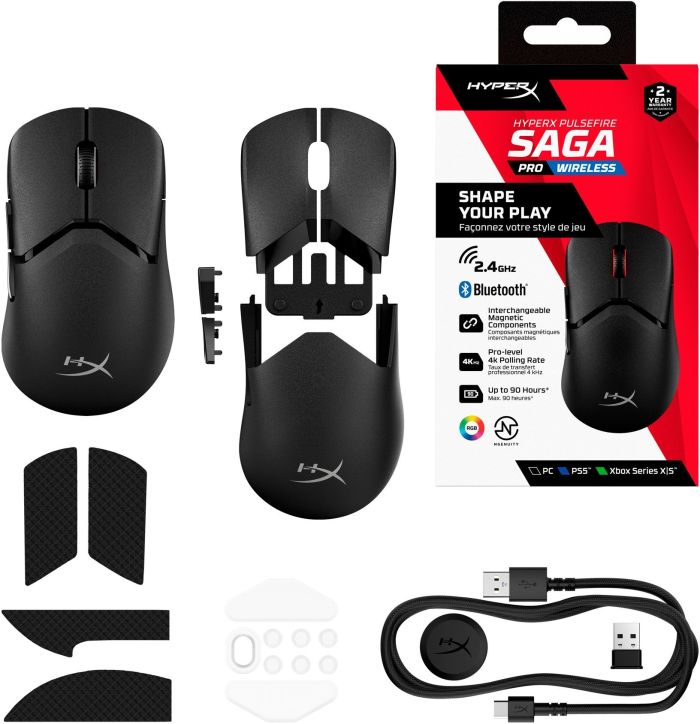 HyperX Pulsefire SAGA PRO, RGB, USB-A/WL/BT, black