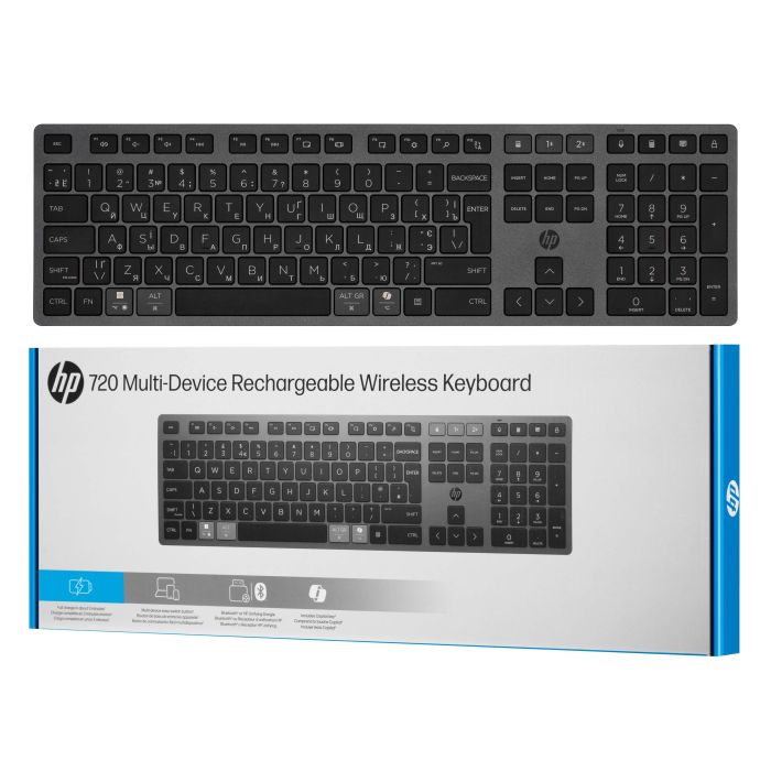 HP Keyboard membrane 720 Multi-Device Rechargeable, 109key, WL/BT, EN/UK, black
