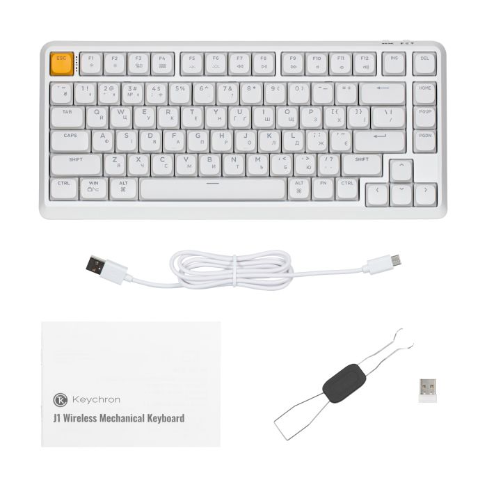 Клавіатура механічна Keychron J1 82Key, K pro Brown, WL/BT/USB-A, QMK, Hot-swap, EN/UKR, RGB, білий
