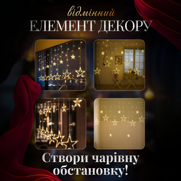 Електрична гірлянда Зірка штора 3 метри на вікно для фотозон жовта WYF11Y