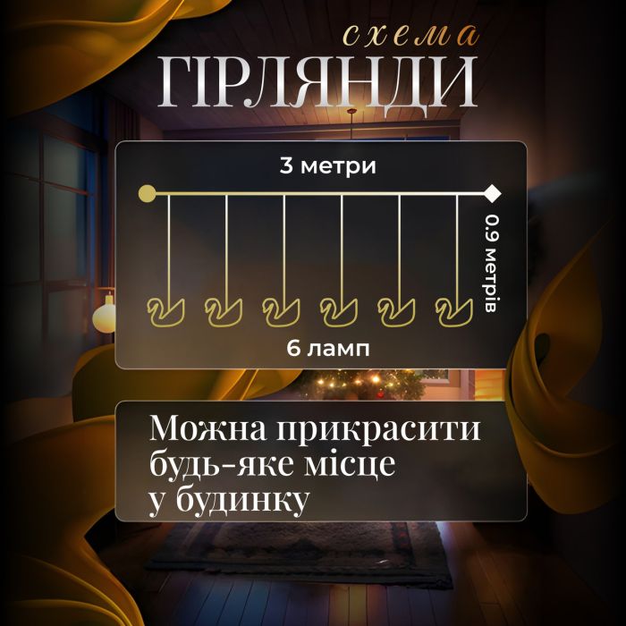 Гірлянда штора з фігурками Сваровскі 3 метри 6 ламп тепле білий світло 6L3MSWA