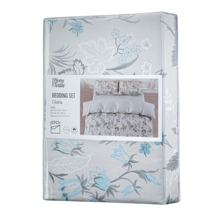 Bedding set ARDESTO 2.0 Gloria, sateen, wildflowers, light grey, duvet cover 200x220cm, bed sheet 230x240cm, pillowcases (2) 50x70cm, 100% cotton