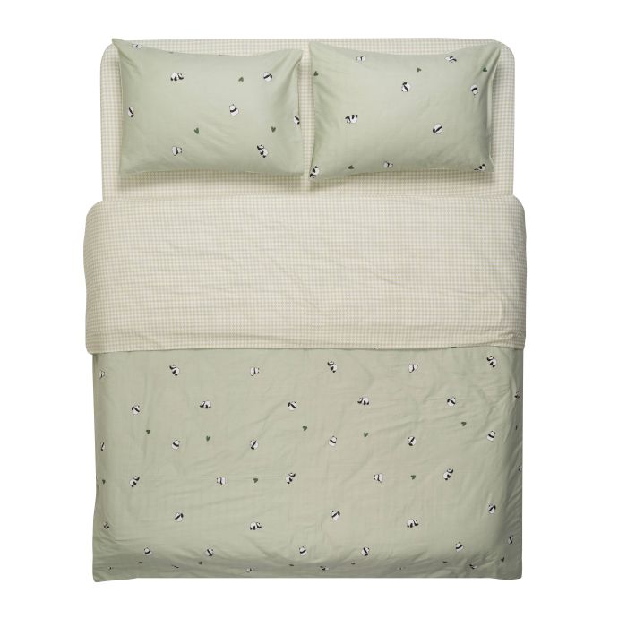 Bedding set ARDESTO 2.0 Gloria, sateen, pandas, green, duvet cover 200x220cm, bed sheet 230x240cm, pillowcases (2) 50x70cm, 100% cotton