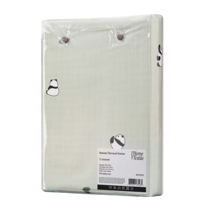 Bedding set ARDESTO 1.5 Gloria, sateen, pandas, green, duvet cover160x220cm, bed sheet 160x220cm, pillowcases (2) 50x70cm, 100% cotton