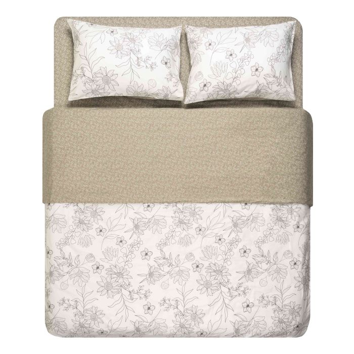 Bedding set ARDESTO 2.0 Gloria, sateen, flowers, beige, duvet cover 200x220cm, bed sheet 230x240cm, pillowcases (2) 50x70cm, 100% cotton