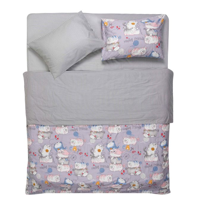Bedding set ARDESTO 1.5 Gloria, sateen, funny cats, stripes, duvet cover160x220cm, bed sheet 160x220cm, pillowcases (2) 50x70cm, 100% cotton
