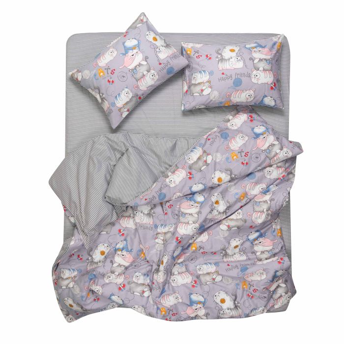Bedding set ARDESTO 1.5 Gloria, sateen, funny cats, stripes, duvet cover160x220cm, bed sheet 160x220cm, pillowcases (2) 50x70cm, 100% cotton
