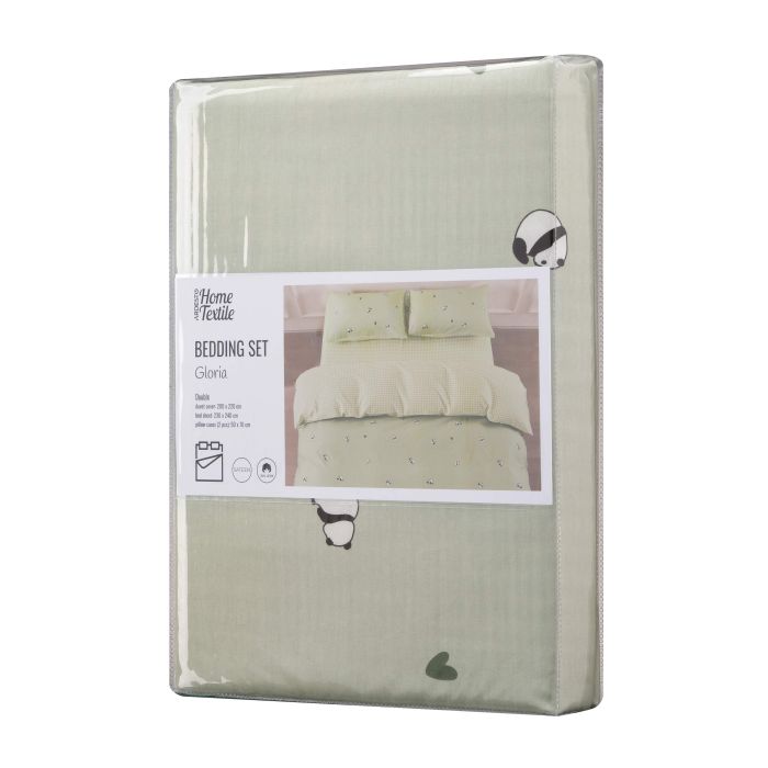 Bedding set ARDESTO 2.0 Gloria, sateen, pandas, green, duvet cover 200x220cm, bed sheet 230x240cm, pillowcases (2) 50x70cm, 100% cotton