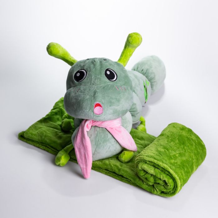 М'яка іграшка-подушка з пледом Гусениця 110×170 (см) плюшевий дитячий плед 3в1 Зелений 7127-GR