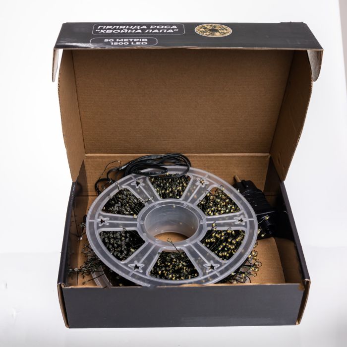 Новорічна гірлянда кімнатна роса Хвойна лапа 50 м 1500 LED зелений провід Жовте сяйво D1500L50MGY